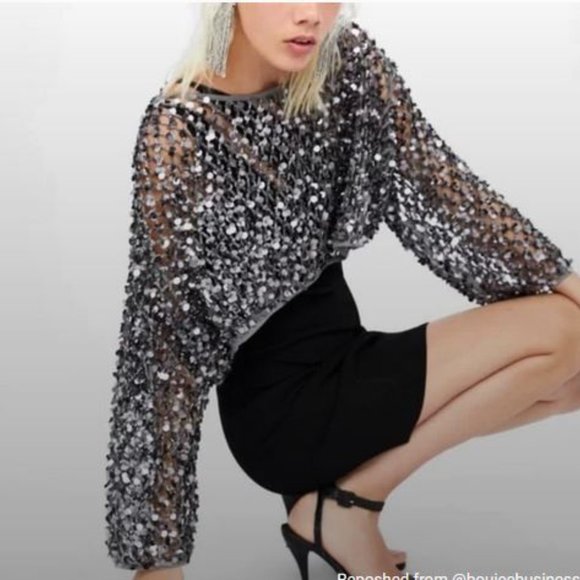 Zara Limited Edition Gray Sequined Mesh Cropped Top, NWT, S - Picture 1 of 16